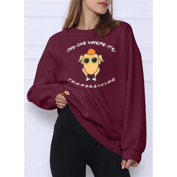 Women's Oversized Thanksgiving Sweatshirt: Turkey Graphic Long Sleeve Top - Picture 2 of 6